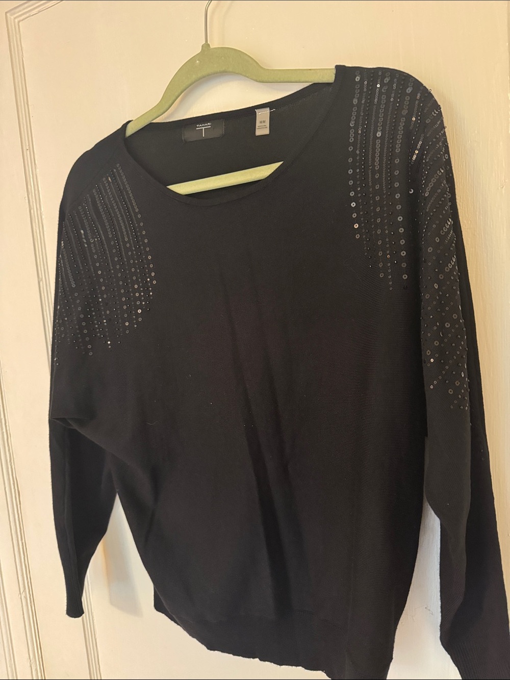 Tahari Black Sequin-Shoulder Crewneck Sweater